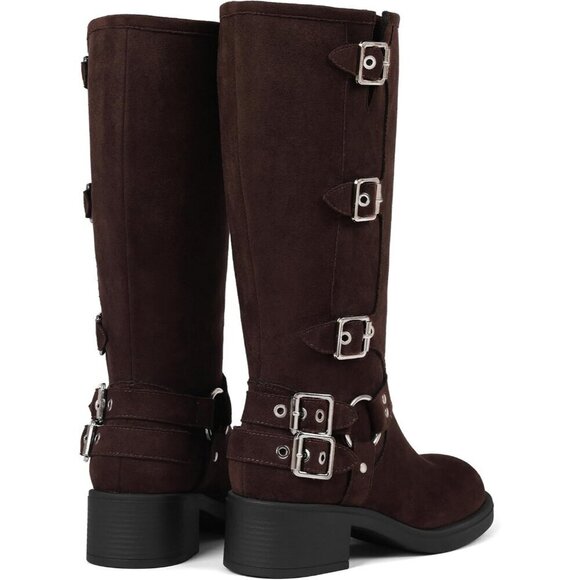 AMINUGAL Knee High Boots Women Square Toe Pull On Bermuda | Ubuy Women\'s Chocolate AMINUGAL Knee High Boots Square Toe Wide Calf Chunky Heel